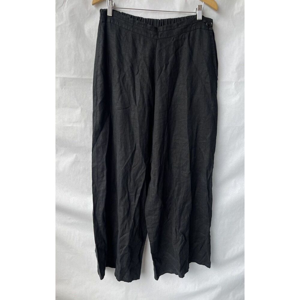 Flax Womens M  100%  LINEN Lagenlook black Elastic Waist Wide Leg Pants